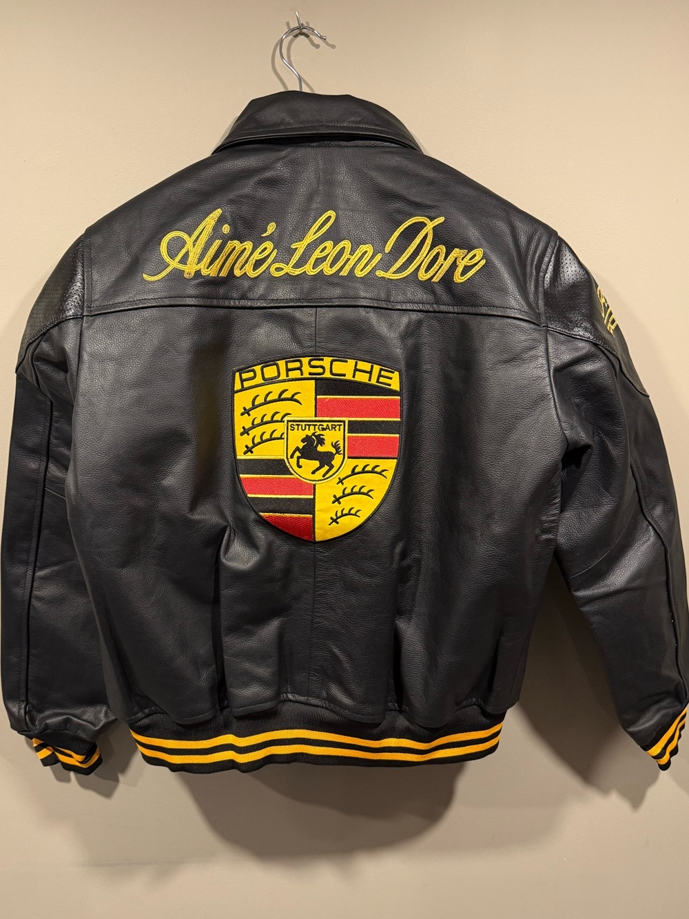 Aime Leon Dore inspired Porsche car Leather Bomber Jacket w/Embroidery NWOT